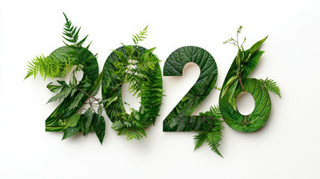 A vibrant design featuring the number 2026 made from various green leaves, symbolizing growth and renewal. Perfect for nature lovers and New Year themes.の素材