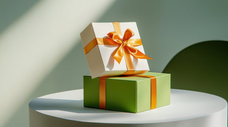 Two beautifully wrapped gift boxes in green and white with orange ribbons sit on a minimalist table, highlighting a sense of celebration and joy.の素材