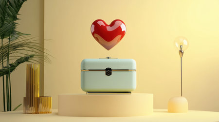 A charming heart-shaped object floats elegantly above a modern mint-colored box. The stylish setup features warm colors and simple shapes, creating an inviting atmosphere perfect for romantic or decorative themes.の素材