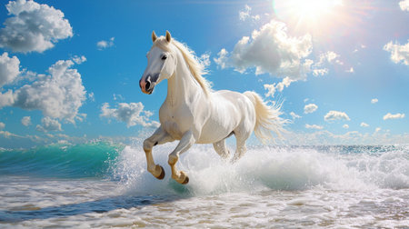 A stunning image of a white horse galloping gracefully through ocean waves under a bright blue sky, capturing the essence of freedom and elegance in nature.の素材