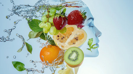 A stunning artistic representation of a human silhouette with fresh fruits and water splashes, symbolizing vitality and a healthy lifestyle. Perfect for wellness projects.の素材