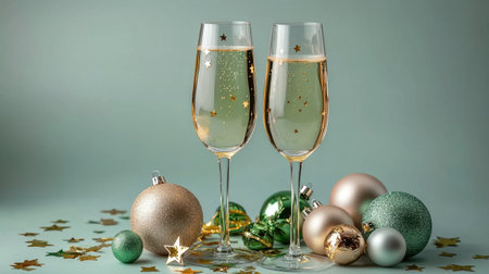 Celebrate the festive season with elegant champagne flutes filled with bubbles, surrounded by shining ornaments and star decorations, perfect for New Year's toasts.の素材