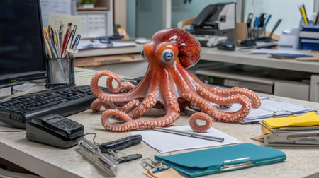 A playful and colorful octopus sits on an office desk, surrounded by stationery and paperwork. This whimsical scene blends marine charm with a traditional workspace atmosphere.の素材