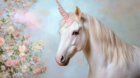Stunning close-up of an elegant unicorn against a pastel floral backdrop, embodying whimsy and charm in a fantasy setting. Perfect for art and decor.の素材
