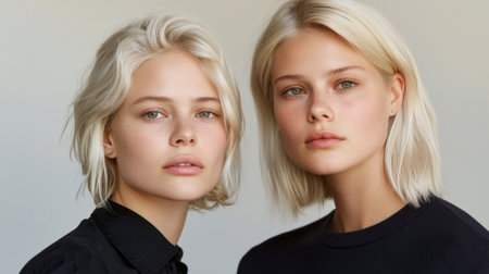 Two young women with short blonde hair pose closely, showcasing their natural beauty and elegance. The soft lighting enhances their serene expressions, emphasizing a sense of connection.の素材
