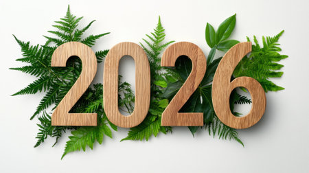 A creative arrangement of wooden numbers 2026 surrounded by lush green leaves, ideal for celebrating the new year or promoting nature-inspired themes.の素材
