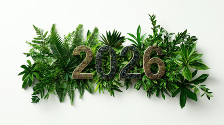 Creative representation of the year 2026 featuring lush greenery and numbers, ideal for themes of growth, sustainability, and nature-focused designs.の素材