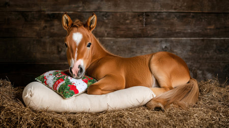 A charming foal relaxes comfortably on a soft pillow in a rustic stable, surrounded by hay. This adorable scene captures the essence of tranquility and warmth.の素材