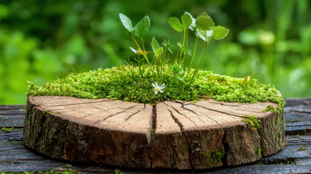 A captivating scene of green plants emerging from a tree stump, surrounded by lush nature, illustrating the beauty and resilience of wildlife in a tranquil environment.の素材