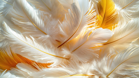 A beautiful arrangement of soft white and yellow feathers creates a serene and elegant background. This image conveys softness and natural beauty, perfect for various design projects.の素材