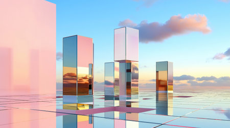 Beautiful abstract landscape featuring glass structures reflecting a colorful sky at sunset, creating a serene and modern atmosphere perfect for artistic expression.の素材