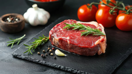 This image showcases fresh raw meat placed on a slate platter surrounded by herbs and vibrant vegetables, perfect for culinary inspiration and food styling.の素材