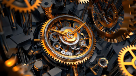 A stunning close-up of a golden clockwork mechanism featuring intricate gears and cogs, showcasing the beauty of engineering and design, perfect for illustrating time and precision.の素材
