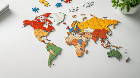 A vibrant assembly of a world map puzzle on a white table. This image showcases the intricate details of each piece, ideal for education and leisure activities.の素材