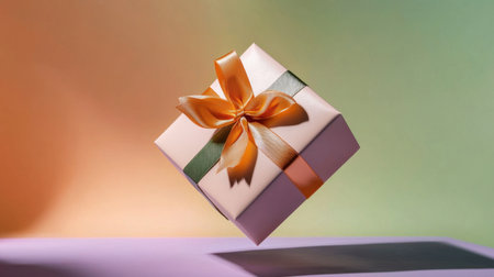 A vibrant gift box adorned with an orange ribbon floats against a colorful backdrop. Ideal for themes of joy, celebration, and festive occasions, this image captures the essence of surprise and elegance.の素材