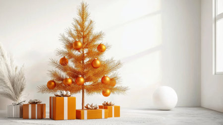 A vibrant orange Christmas tree adorned with shiny ornaments stands beside stylishly wrapped gifts, creating a cheerful holiday atmosphere in a bright interior space.の素材