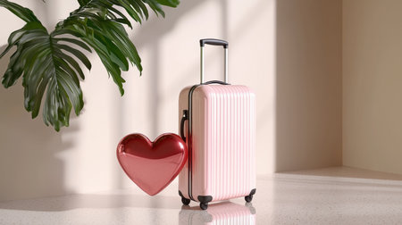 A stylish pink suitcase stands next to a large red heart in a contemporary setting, highlighting themes of travel and love in modern interior design.の素材