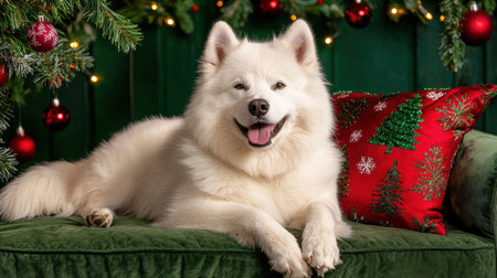 A joyful Samoyed dog lounges on a green couch, surrounded by festive Christmas decorations, exuding warmth and cheer perfect for holiday-themed visuals.の素材
