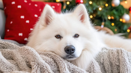 A charming Samoyed dog lounges on a soft blanket, embodying warmth and relaxation. The festive atmosphere is enhanced by a softly decorated Christmas tree.の素材