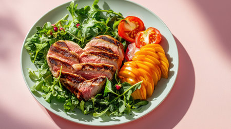 A visually appealing plate featuring grilled meat and fresh vegetables arranged in a heart shape, perfect for romantic dinners or healthy meals.の素材