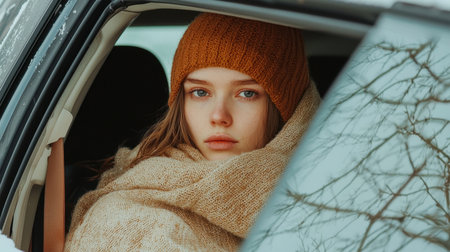 A young woman gazes thoughtfully from a car window, wrapped in a cozy blanket and warm hat, capturing the essence of winter comfort and tranquility.の素材