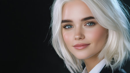 This striking close-up portrait captures a confident woman with short white hair and natural makeup. Her serene expression and captivating eyes reflect elegance and beauty in a modern photographic style.の素材