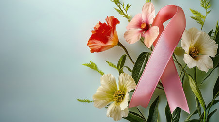 A heartwarming image showcasing a pink ribbon intertwined with vibrant flowers on a soft background, symbolizing hope, health, and support.の素材