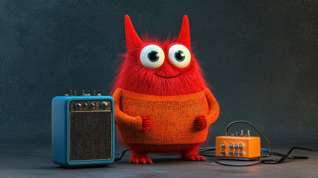 A charming cartoon monster with a fluffy red body and large eyes, standing next to colorful speakers in a cozy music setting, radiating joy and creativity.の素材