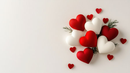 A vibrant arrangement of red and white hearts on a soft background, perfect for expressing love and joy during celebrations and heartfelt occasions.の素材