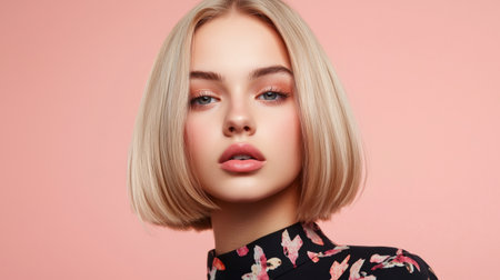 A stunning portrait of a young woman with a blonde bob hairstyle, wearing a floral dress. The pink background adds an elegant touch, enhancing her captivating beauty.の素材