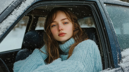 A young woman in a cozy blue sweater gazes thoughtfully from her car, surrounded by gently falling snowflakes, capturing the essence of winter serenity.の素材