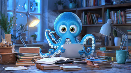 A charming blue cartoon octopus studies in a cozy library filled with books. The whimsical scene features warm lighting, creating an inviting atmosphere for creativity and learning.の素材