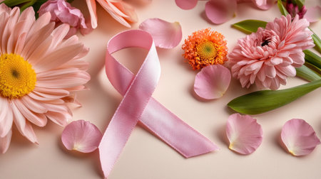 A beautiful arrangement featuring a pink ribbon surrounded by vibrant flowers and soft petals, symbolizing awareness and support for health causes.の素材
