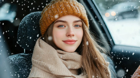 A young woman sits in a car, wrapped in a warm scarf and hat, smiling joyfully as snow falls outside, capturing the essence of winter beauty and comfort.の素材
