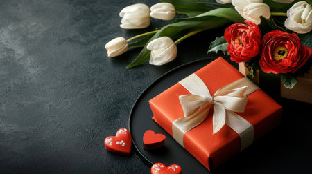 A beautifully arranged gift box with a satin ribbon, surrounded by vibrant flowers and chocolates, perfect for celebrating love and special moments.の素材