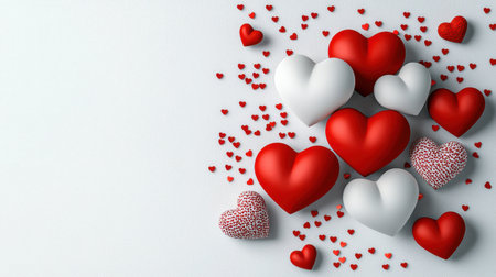 A vibrant arrangement of red and white hearts scattered on a light background, perfect for celebrating love and affection during special occasions.の素材