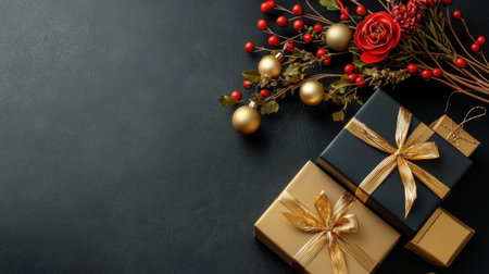 Beautifully arranged holiday gifts decorated with elegant ribbons and festive elements on a dark background, perfect for celebrations and joyful occasions.の素材