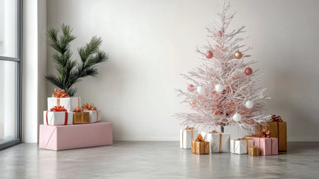 Cozy modern holiday scene featuring a pink Christmas tree adorned with ornaments next to beautifully wrapped gifts. Perfect for festive celebrations and winter decor inspiration.の素材