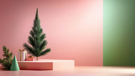A vibrant Christmas scene featuring a lush tree and colorful gifts set against a pastel backdrop. Perfect for holiday-inspired designs and festive moods.の素材