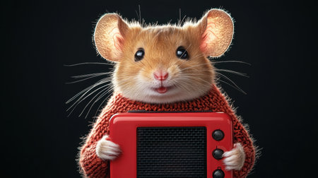 Adorable hamster in a cozy sweater holds a bright red toy television set, showcasing a charming personality in a whimsical studio setting. Perfect for creative projects!の素材