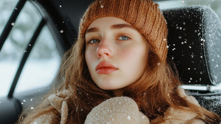 A portrait of a young woman with a brown knit hat, wrapped in warmth while sitting in a car during snowy weather, embodying tranquility and serenity.の素材
