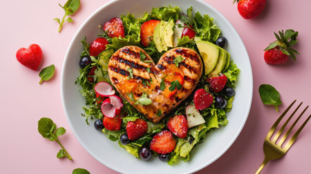 This vibrant heart-shaped grilled chicken salad features a mix of fresh greens, colorful berries, and avocado. Perfect for a healthy meal!の素材