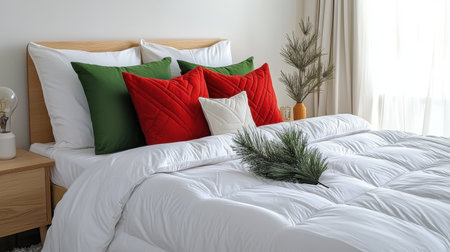 A serene and festive bedroom setting featuring a cozy bed adorned with red and green cushions, a soft white comforter, and a touch of natural decor for a cheerful holiday atmosphere.の素材