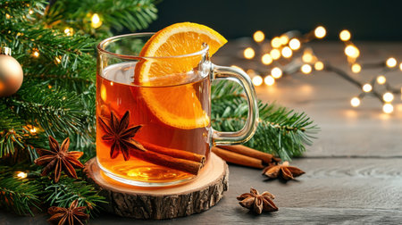 A cozy warm drink featuring spiced cinnamon and orange slices, perfect for holiday gatherings. Beautifully arranged with festive decorations and soft lights.の素材