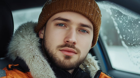A young man wearing a brown hat and orange jacket sits in a car amidst a snowy landscape, capturing a moment of winter serenity and style.の素材