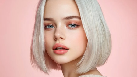 A captivating portrait of a young woman with short blonde hair and soft makeup against a pink background, showcasing modern beauty and style.の素材
