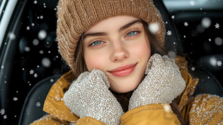 A cheerful young woman enjoys a snowy winter day, smiling warmly while wearing a cozy hat and gloves. Snowflakes gently fall around her, creating a joyful atmosphere.の素材