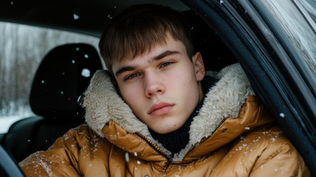 A young man with a serious expression sits in a cozy car during a snowy day, showcasing winter fashion and a peaceful mood in nature.の素材