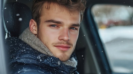 A close-up portrait of a young man sitting in a car during winter snowfall, showcasing his relaxed demeanor and stylish winter coat, perfect for conveying a sense of cozy comfort.の素材