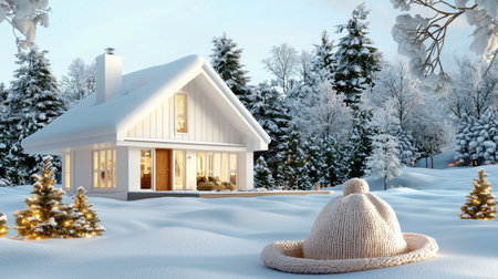 A serene winter cabin nestled in a snowy landscape, surrounded by evergreen trees. This picturesque scene embodies a tranquil and cozy holiday atmosphere.の素材
